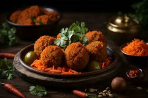 casa fatto Sud indiano speziato carota salamoia su un' rustico buio di legno sfondo - selettivo messa a fuoco pollo gola kabab, piccolo carne palle con buco congelato casa fatto cibo. 4k regolamento ai generato. foto