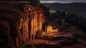 notte Visualizza di scavato nella roccia chiese di lalibela. generativo ai foto