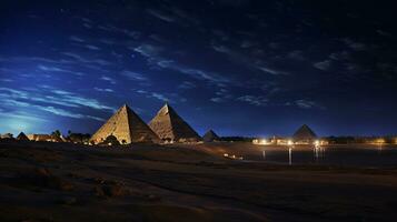 notte Visualizza di piramidi di giza. generativo ai foto