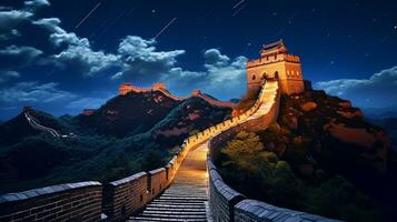 notte Visualizza di il grande parete di Cina. generativo ai foto