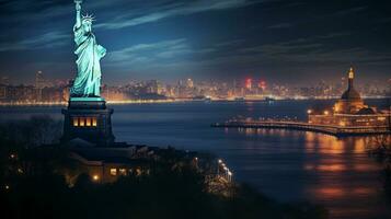 notte Visualizza di statua di libertà. generativo ai foto