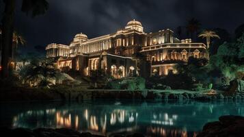 notte Visualizza di palazzo di il perso città. generativo ai foto