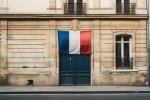 francese bandiera su il facciata di il Casa. generativo ai foto