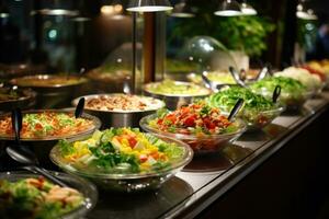 buffet pasti dentro il ristorante con verdura insalate. generativo ai foto