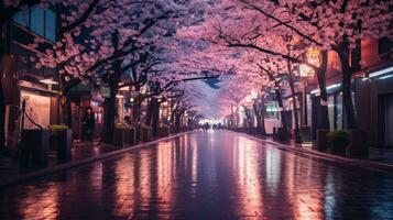 un' vivace tokyo strada a notte e ciliegia fiori nel pieno fioritura lungo il viale. generativo ai foto
