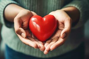 vicino su di rosso cuore Tenere nel mani. concetto di Salute e medico cura. generativo ai foto