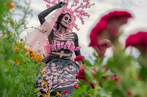 glorioso eleganza nel il cuore di colula cempasuchil i campi un' ipnotizzante giorno di il morto servizio fotografico, con un' sbalorditivo donna trasformato in un' catrina, pagare per il tradizione di morire de muertos foto