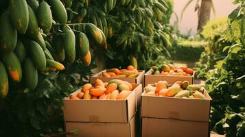 appena raccolto papaia frutta a partire dal giardino posto nel il scatole. generativo ai foto