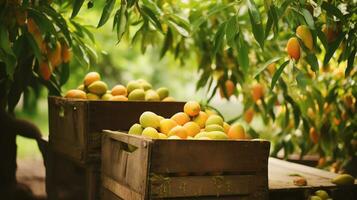 appena raccolto Mango frutta a partire dal giardino posto nel il scatole. generativo ai foto