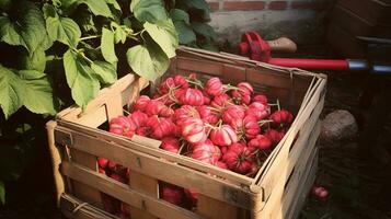 appena raccolto lira frutta a partire dal giardino posto nel il scatole. generativo ai foto