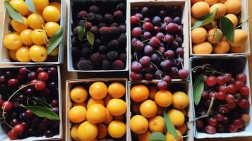 appena raccolto enau frutta a partire dal giardino posto nel il scatole. generativo ai foto