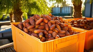 appena raccolto Data frutta a partire dal giardino posto nel il scatole. generativo ai foto