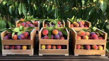 appena raccolto chico frutta a partire dal giardino posto nel il scatole. generativo ai foto