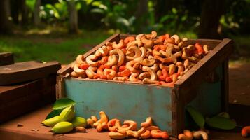 appena raccolto anacardio frutta a partire dal giardino posto nel il scatole. generativo ai foto