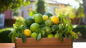 appena raccolto chico frutta a partire dal giardino posto nel il scatole. generativo ai foto