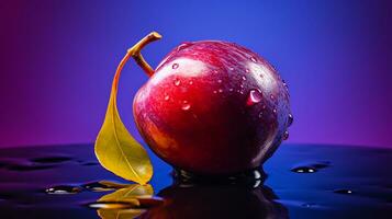 foto di batako prugna frutta metà contro un' colorato astratto sfondo. generativo ai