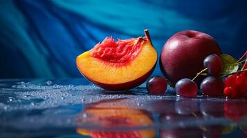 foto di rukem frutta metà contro un' colorato astratto sfondo. generativo ai