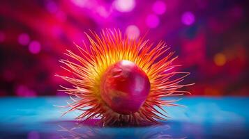 foto di rambutan frutta metà contro un' colorato astratto sfondo. generativo ai