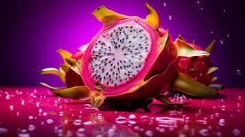 foto di pitaya frutta metà contro un' colorato astratto sfondo. generativo ai