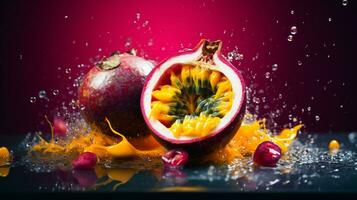 foto di passione frutta metà contro un' colorato astratto sfondo. generativo ai