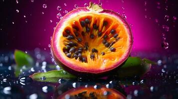 foto di maracuja frutta metà contro un' colorato astratto sfondo. generativo ai