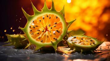 foto di kiwano frutta metà contro un' colorato astratto sfondo. generativo ai