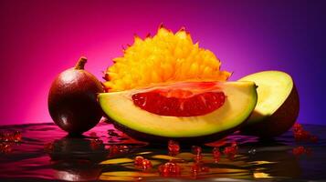 foto di kiwamo frutta metà contro un' colorato astratto sfondo. generativo ai