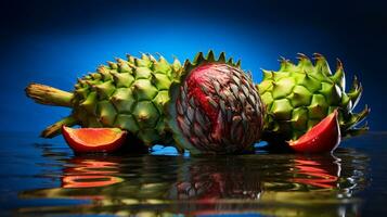 foto di guanabana frutta metà contro un' colorato astratto sfondo. generativo ai