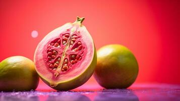 foto di guaiava bol frutta metà contro un' colorato astratto sfondo. generativo ai