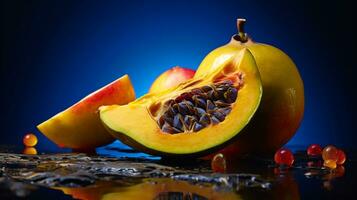 foto di gowok frutta metà contro un' colorato astratto sfondo. generativo ai