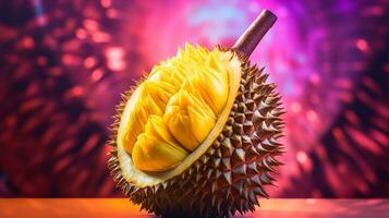 foto di durian frutta metà contro un' colorato astratto sfondo. generativo ai