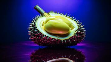foto di durian frutta metà contro un' colorato astratto sfondo. generativo ai