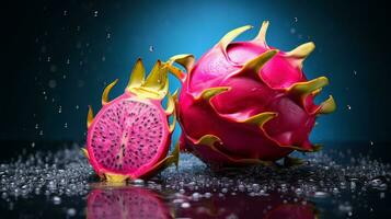 foto di Drago frutta metà contro un' colorato astratto sfondo. generativo ai