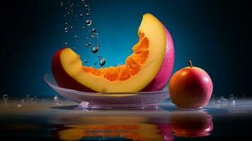 foto di casava frutta metà contro un' colorato astratto sfondo. generativo ai