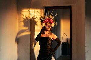 ritratto di un' ragazza con zucchero cranio trucco al di sopra di nero sfondo. Calavera catrina. dia de los muertos. giorno di il morto. Halloween. foto