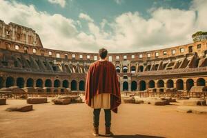 posteriore Visualizza di giovane uomo nel costume guardare a colosseo nel Roma, Italia, maschio turista in piedi nel davanti di un' sabbioso spiaggia e Guardando il mare, posteriore Visualizza, pieno corpo, ai generato foto