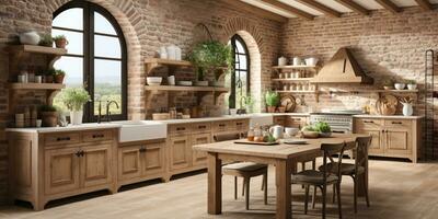 rustico agriturismo cucina, elegante spazioso cucinando la zona, interno disegno, ai generativo foto
