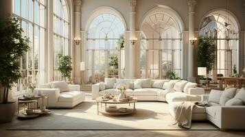 interno design lussuoso moderno vivente camera, minimo alto finestra, accogliente divano, sereno natura scenario, elegante villa, ai generativo foto