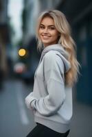 bellissimo biondo giovane donna indossare maglione felpa con cappuccio restare e in posa su città strada. messa a fuoco con bokeh. generativo ai foto