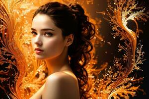 bellezza digitale arte ritratto di giovane donna con trucco e lungo capelli nel vivace colori. generativo ai foto