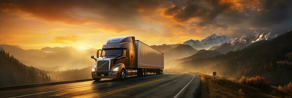 camion guida su autostrada, rurale paesaggio, drammatico tramonto, mezzi di trasporto su strada, ai generativo foto