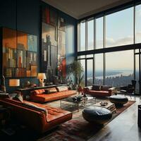 interno design moderno vivente camera, finestre mostrare sbalorditivo Visualizza di il città orizzonte, appartamento camera, ai generativo foto