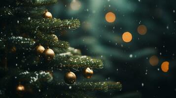vicino su di illuminato Natale albero ornamento, inverno vacanze decorazione, copia spazio, saluto carta, ai generativo foto