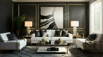 lussuoso arredato vivente camera, spazioso accogliente divano, nero e bianca monocromatico tavolozza, elegante interno disegno, ai generativo foto