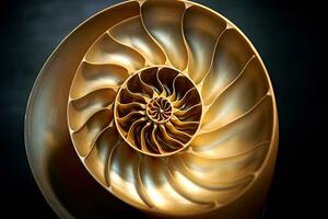 nautilo conchiglia su un' buio sfondo. 3d illustrazione, nautilo guscio, avvicinamento di un' nautilo guscio, ai generato foto