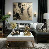 lussuoso arredato vivente camera, spazioso accogliente divano, nero e bianca monocromatico tavolozza, elegante interno disegno, ai generativo foto