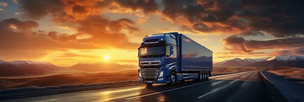 camion guida su autostrada, rurale paesaggio, drammatico tramonto, mezzi di trasporto su strada, ai generativo foto