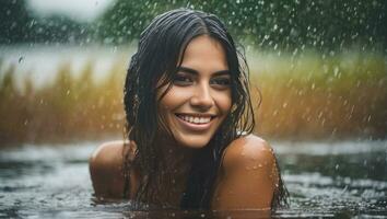 ritratto di bellissimo erotico sorridente bagnato donna nel il acqua nel il pioggia. generativo ai foto