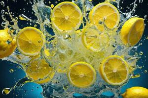 limoni e suo fette caduta in acqua e schizzi. generativo ai foto