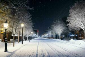 notte nevoso Natale città strada. sfondo. ai generativo professionista foto